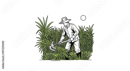 Man cutting grass with scythe outdoors.