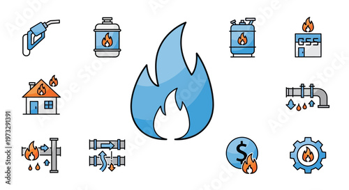 Blue flame icons with gas cylinders.