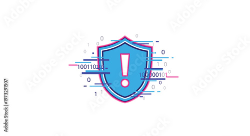 A bright blue security shield featuring a central white exclamation mark is surrounded by glitchy binary code and horizontal digital distortion on white.