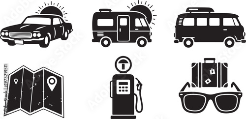 Travel, transportation, and tourism icons set, black and white, vector graphics