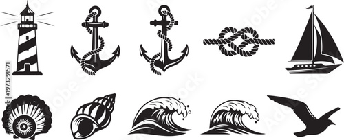 Nautical icons, black and white, vector set, 10 marine symbols