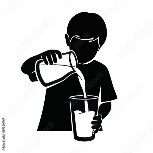 Silhouette of a boy pouring water from a pitcher into a glass. Child learning life skills. Vector icon isolated on transparent background