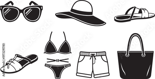 Summer vacation accessories, beachwear icons, sunglasses, hats, sandals, swimwear, handbag, black and white vector set