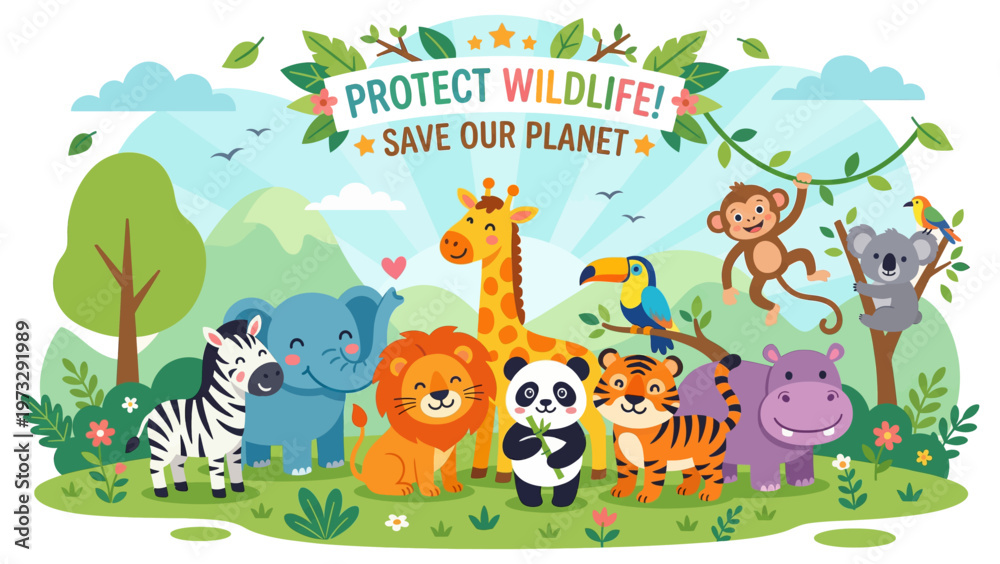 Fototapeta premium World Animal Day Cute Wildlife Vector Illustration_26