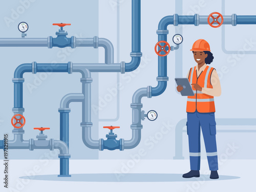 This illustration depicts a plumbing professional analyzing a piping system, showcasing expertise in maintenance and the importance of infrastructure in everyday life.