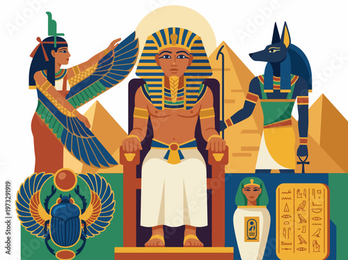 This vibrant illustration showcases an Egyptian pharaoh seated on a throne, surrounded by gods, illustrating ancient culture and mythology through rich colors and symbols.