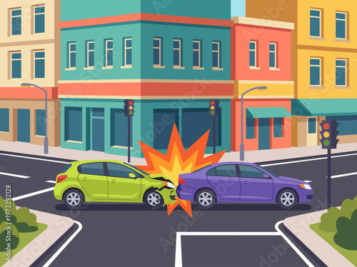 An eye-catching depiction of a car crash at a city intersection, illustrating the chaos and urgency of an accident with vehicles colliding and vibrant urban surroundings.