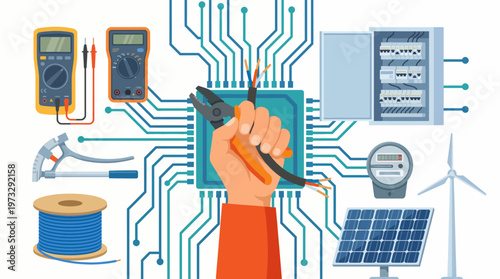 An illustration showcases a hand holding tools surrounded by various electrical devices, symbolizing the integration of technology in the electrical industry and modern craftsmanship.