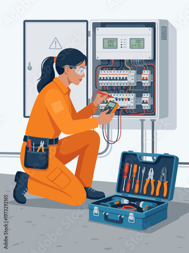 A female electrician carefully measures electrical values using a multimeter while kneeling down in front of a circuit panel, showcasing professional skills and safety gear.
