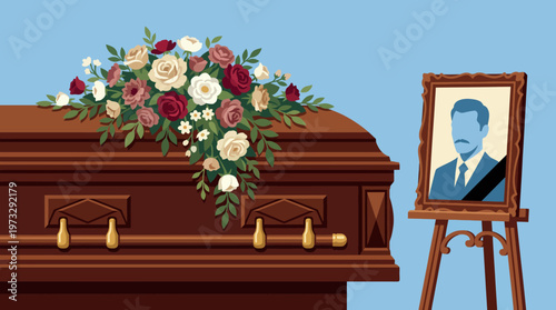 A somber yet beautiful display featuring a wooden casket adorned with flowers beside a framed portrait, representing respect and the bittersweet nature of farewells during memorial services.