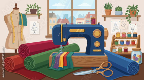 A vibrant sewing room filled with colorful fabrics and a vintage sewing machine, representing creativity, craftsmanship, and the joy of creating unique garments through sewing.