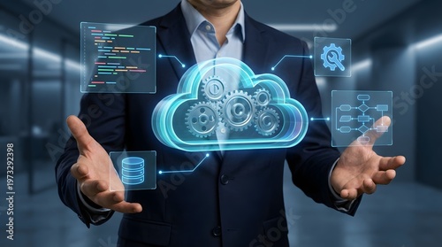 Cloud native development. Programmer developing applications for cloud computing. Cloud icon and source code illustrations.