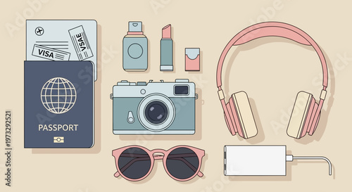 Travel essentials flat lay with passport, camera, and accessories for a journey