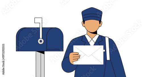 Mailman delivering letter next to a blue mailbox.