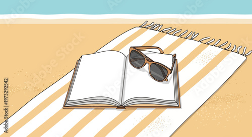 Open book and sunglasses on a striped beach towel by the ocean