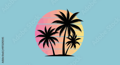 Vector graphic illustration of palm trees against a vibrant sunset background with a retro aesthetic design