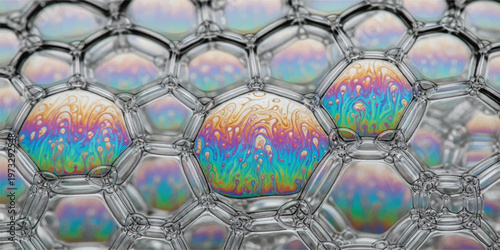 Close-up macro shot of interconnected soap bubbles, showcasing their mesmerizing iridescent colors and intricate hexagonal patterns.