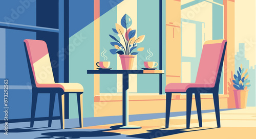 Colorful outdoor seating area with table and chairs at a cafe