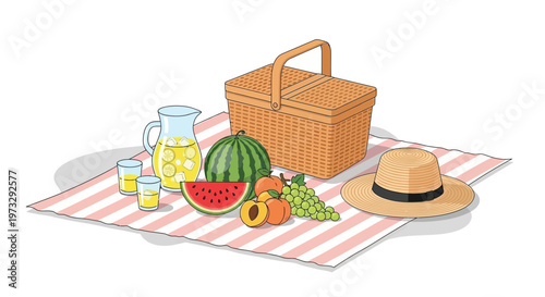 Summer picnic setup with wicker basket, fresh fruits, and refreshing lemonade on a striped blanket