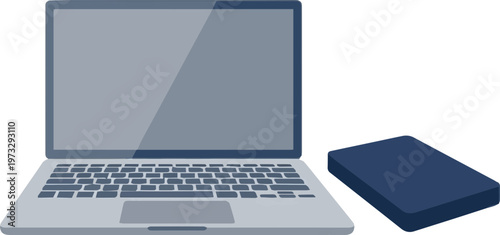 Modern laptop computer and portable external hard drive illustration for data management and storage
