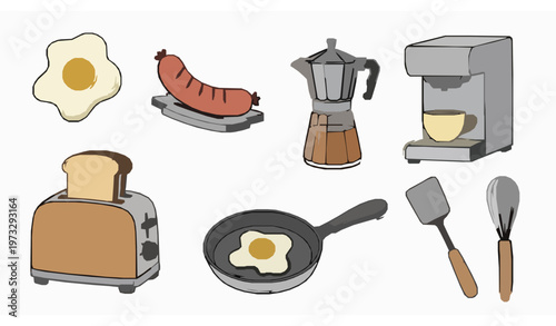 Breakfast cooking doodle vector set – hand-drawn kitchen utensils