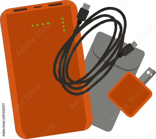Portable orange power bank, usb charging cable, and wall adapter illustration for mobile devices and travel connectivity