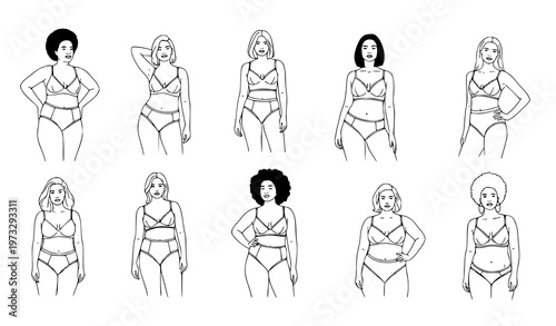 Diverse women in lingerie – inclusive body vector set