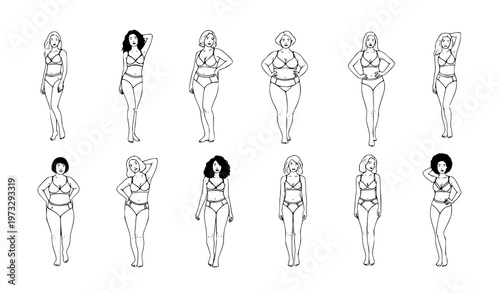 Women in lingerie vector set – diverse body shapes and races