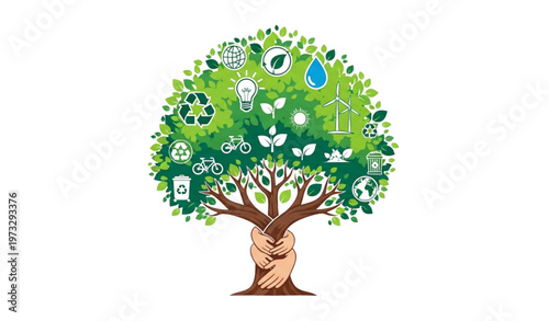 Hands-shaped tree with ecological symbols vector illustration