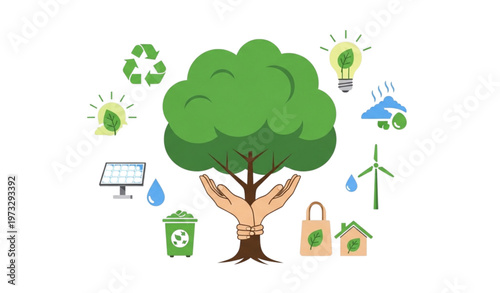 Eco tree with hands-shaped trunk and environmental icons – vector