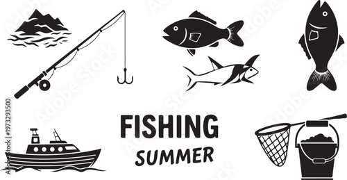 Fishing icons, summer fishing, black vector graphics, fishing tools, fish illustrations