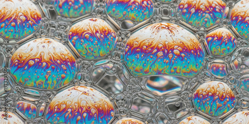Close-up of soap bubbles revealing a stunning interplay of iridescent colors and intricate liquid patterns within a foamy matrix.