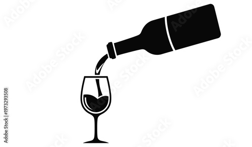 A stark black and white illustration depicts a wine bottle in the process of pouring its contents into a stemmed glass high quality professional