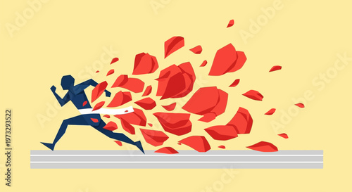 Man running through finish line with exploding red obstacles.