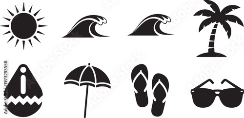 Beach icons, summer symbols, black vector graphics, tropical vacation elements