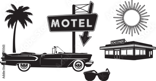 Retro motel icons, vintage travel symbols, black and white illustrations, 8 elements