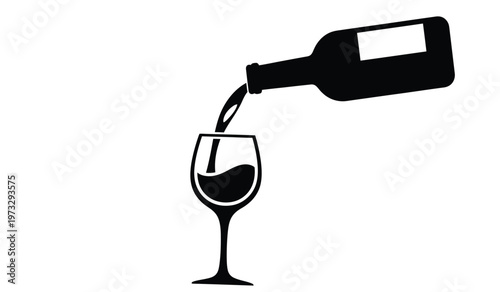 A minimalist black and white illustration depicts a wine bottle pouring its contents into a stemmed glass evoking themes of celebration and enjoyment