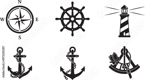 Nautical icons, anchor symbols, compass, lighthouse, ship wheel, vector graphics