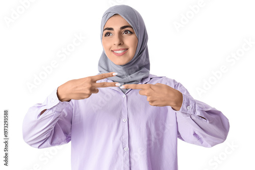 Schilderij op canvas Beautiful Muslim deaf mute woman using sign language on white background
