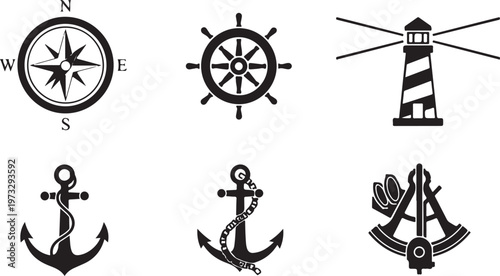 Nautical icons, anchor symbols, compass wheel, lighthouse vector graphics, marine navigation set