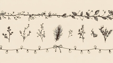 Set of vintage doodle hand drawn Xmas borders with branches tree, ribbon and bows, mistletoe, lights garlands. Minimalist line art. Trendy holiday frames for Christmas poster, card, invitation. Stock 