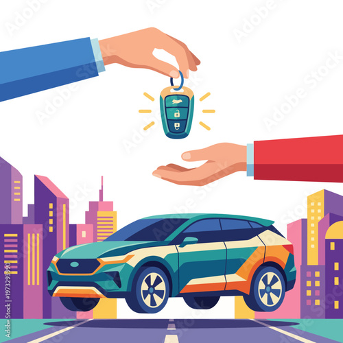 A colorful illustration of a car key being handed over between two hands, set against a vibrant urban backdrop, representing transactions and lifestyle choices in modern city living.
