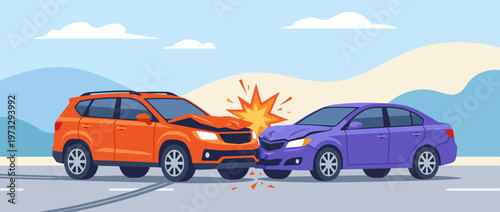 A colorful cartoon illustration showing two cars colliding on a road, highlighting the accident’s impact with an explosion effect, symbolizing chaos and consequences.
