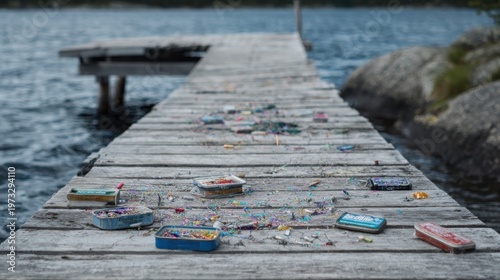 Discarded fishing bait containers and lines littering a weathered wooden dock by the water
