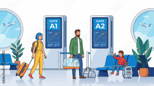 This vibrant airport scene features travelers with luggage, illustrating the excitement of traveling and family moments in a cheerful and colorful environment.