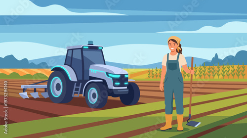 This contemporary illustration portrays a farmer working on a modern agricultural field alongside a high-tech tractor, representing the intersection of technology and sustainable farming.