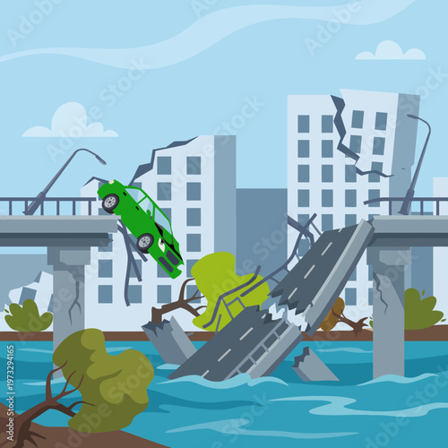 A dramatic illustration depicting a collapsed bridge with a green car stranded precariously above a waterway, highlighting the effects of urban disaster and structural failure.