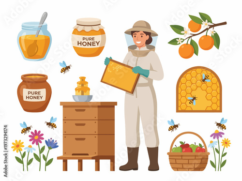 This image depicts a beekeeper holding a honeycomb frame, jars of honey, bees, flowers, and fruit, emphasizing the vital role of bees in the ecosystem and honey production.