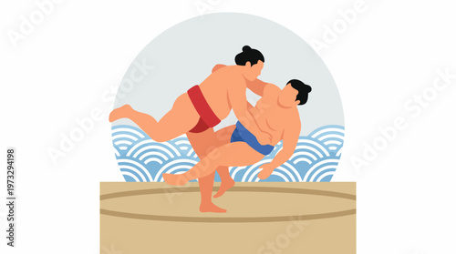 This vibrant illustration showcases a dynamic sumo wrestling match, highlighting the power and agility of the wrestlers within the traditional ring setting.