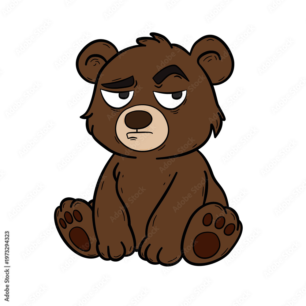 Obraz premium Moody little bear character sitting isolated on white background 